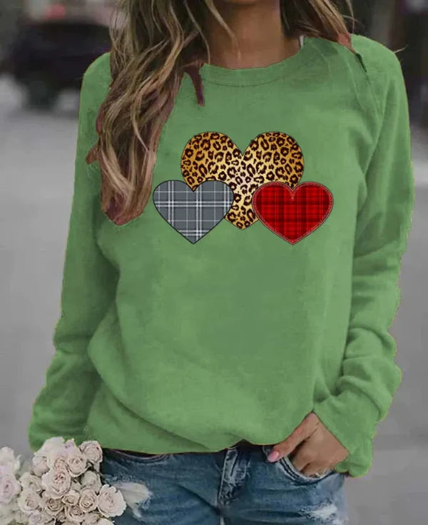 Sweatshirt femme – Coupe ample – Coton doux – Manches longues – Motifs cœurs graphiques
