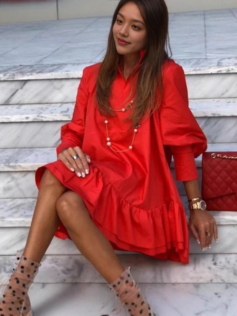 Robe mini femme – Coton doux – Manches longues – Coupe fluide – Ourlet à volants