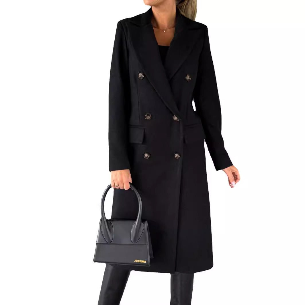 Manteau trench femme – Coupe ajustée – Laine douce – Boutonnage croisé – Longueur genou
