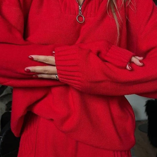 Ensemble Loungewear Femme – Maille Fine – Coupe Oversize – Haut Zippé – Finitions Côtelées