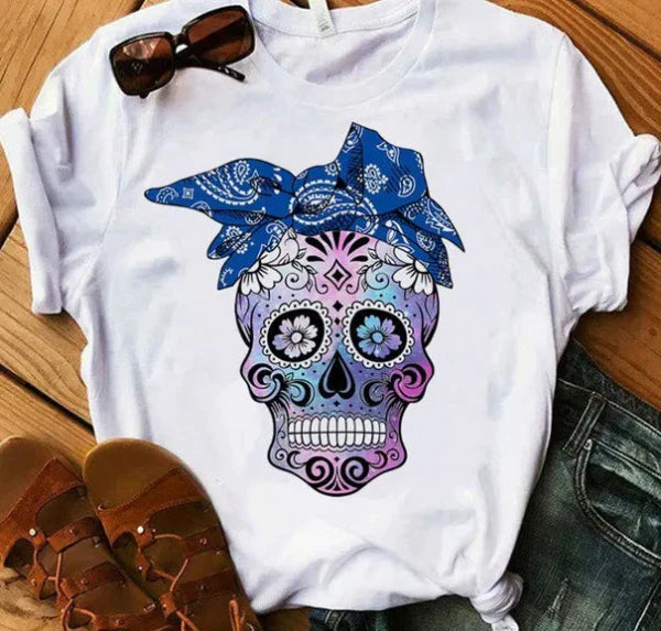 T-shirt femme – Coupe décontractée – Coton doux – Manches courtes – Imprimé tête de mort