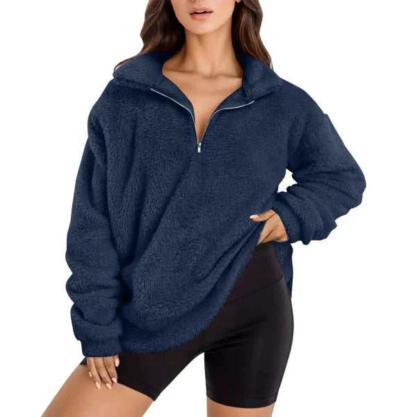 Sweat femme en polaire – Coupe oversize – Demi-zip – Col montant confortable