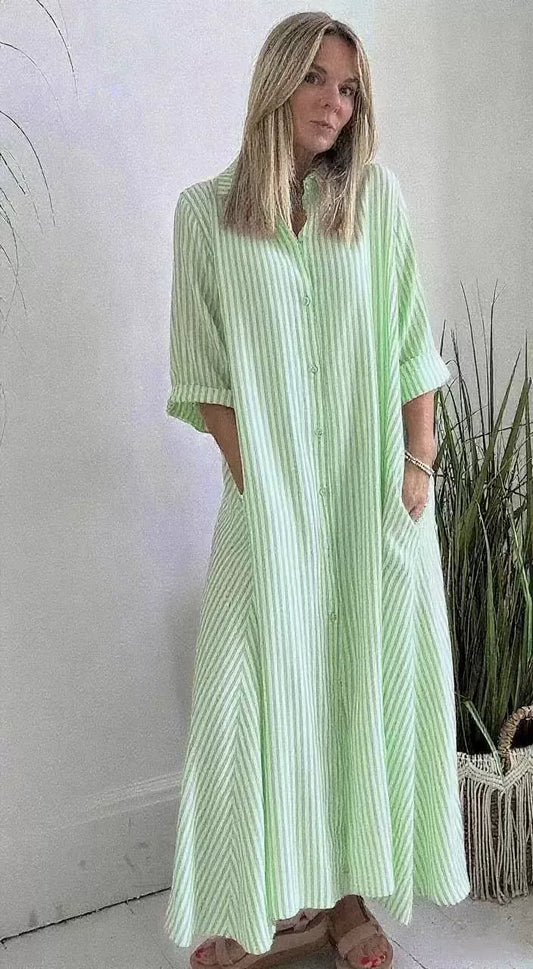 Robe longue femme – Coton – Coupe ample – Rayures – Col à revers – Manches 3/4