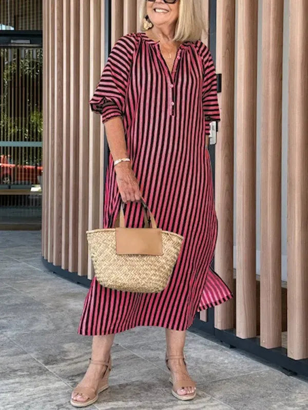 Robe midi femme – Coupe décontractée – Rayures – Col en V – Manches volantées