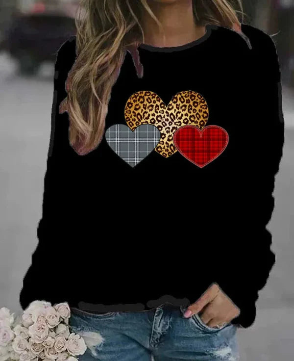 Sweatshirt femme – Coupe ample – Coton doux – Manches longues – Motifs cœurs graphiques