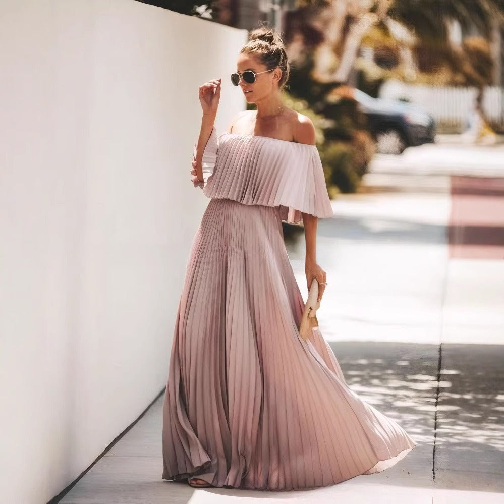 Robe longue femme – Épaules dénudées – Volants romantiques – Jupe plissée fluide