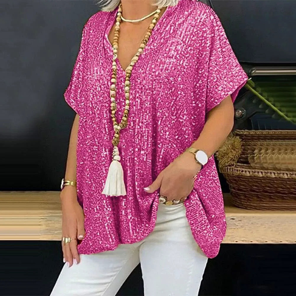 T-shirt col V femme – Coupe décontractée – Manches courtes – Entièrement à sequins