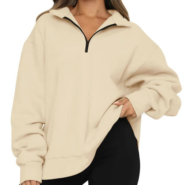 Sweatshirt femme oversize – Coton doux – Col montant zippé – Coupe décontractée