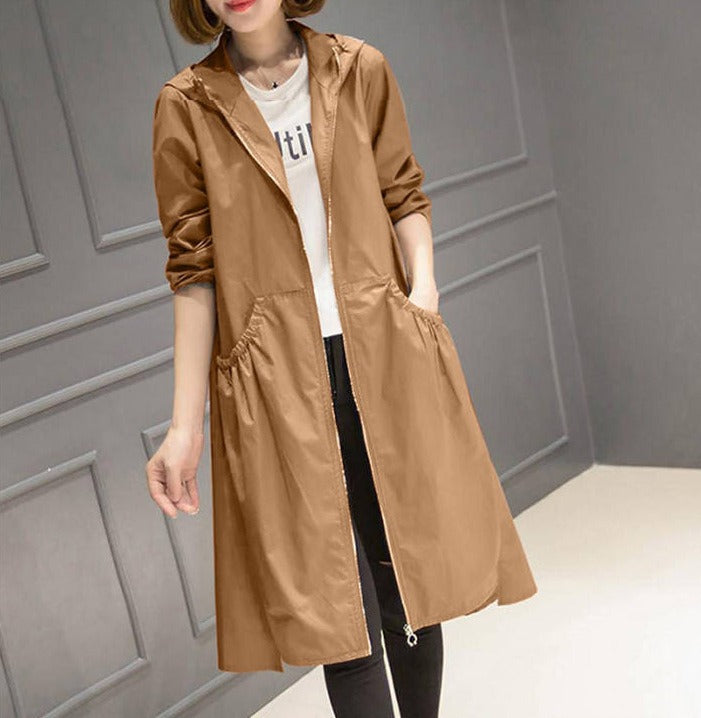 Veste imperméable femme – Coupe décontractée – Longueur genou – Capuche – Zip complet