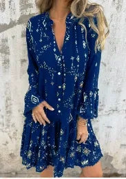 Robe femme – Coupe évasée – Manches en dentelle – Ourlet à volants – Détails métalliques