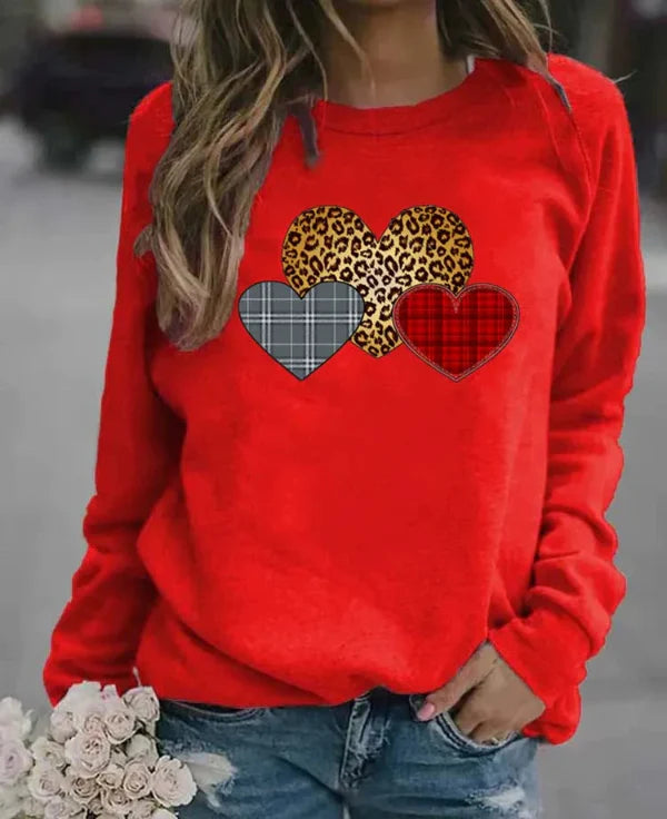 Sweatshirt femme – Coupe ample – Coton doux – Manches longues – Motifs cœurs graphiques
