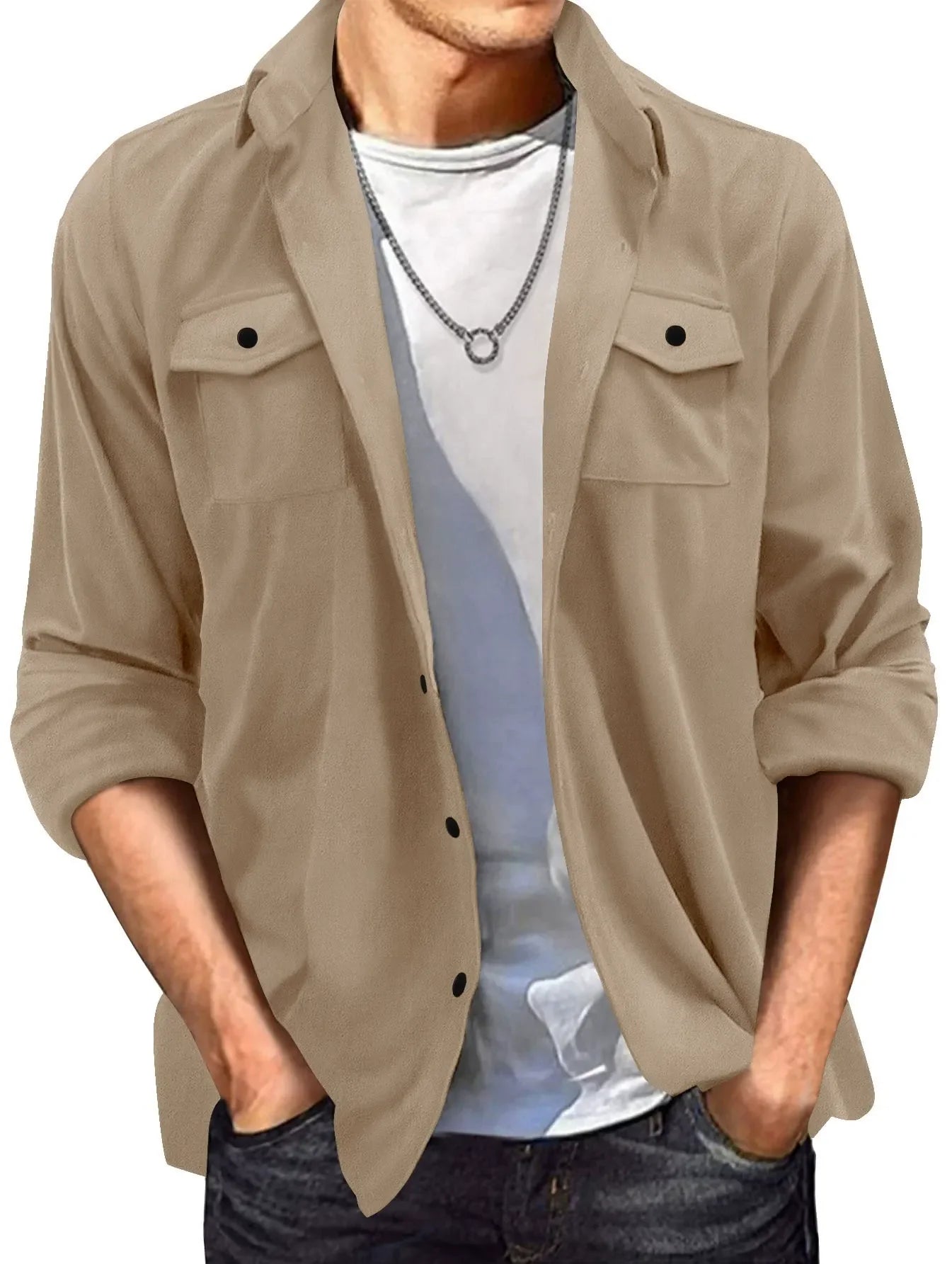 Veste homme casual – Coupe régulière – Effet suédé – Col chemise – Boutonnage frontal