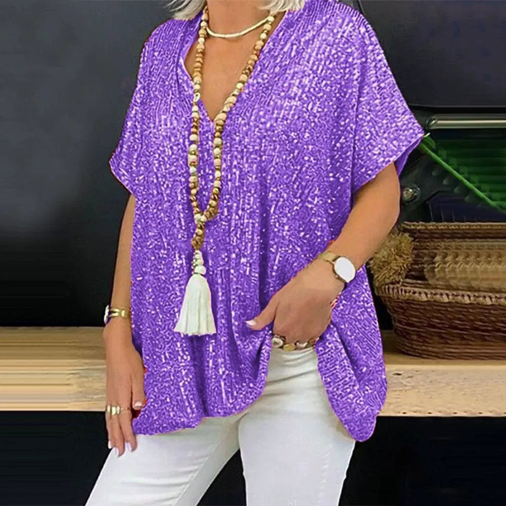 T-shirt col V femme – Coupe décontractée – Manches courtes – Entièrement à sequins