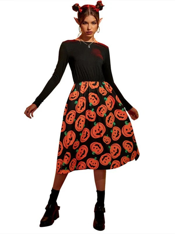 Robe midi femme – Coupe évasée – Manches longues – Taille ceinturée – Imprimé citrouille