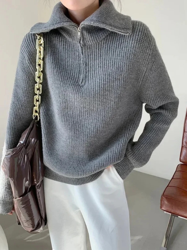 Pull femme – Laine – Coupe décontractée – Col zippé – Finitions côtelées
