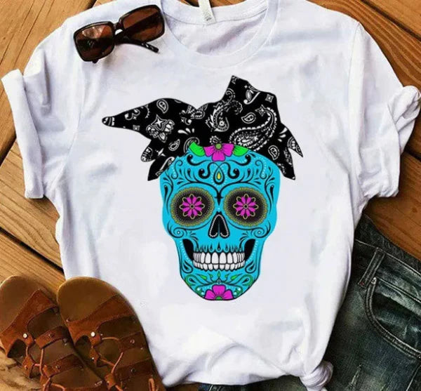 T-shirt femme – Coupe décontractée – Coton doux – Manches courtes – Imprimé tête de mort