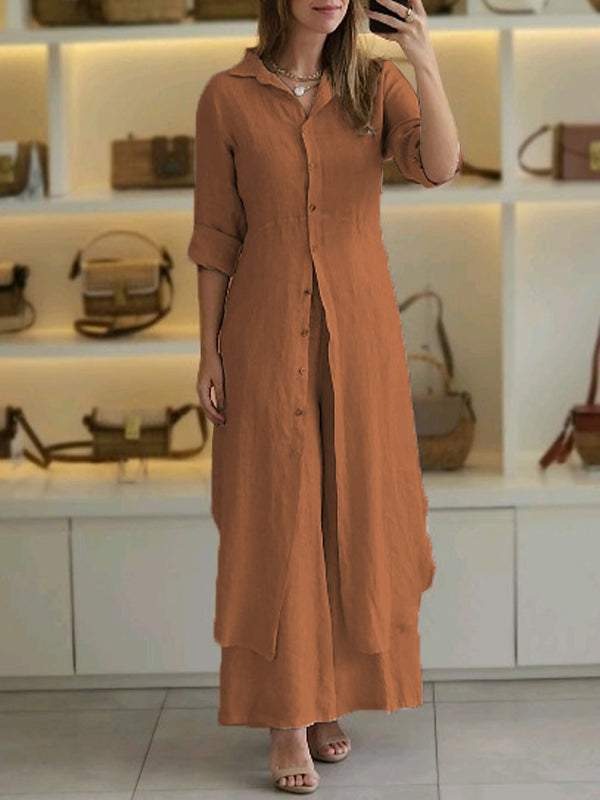 Ensemble Femme Deux Pièces – Haut Ample Boutonné – Pantalon Large – Coton Léger