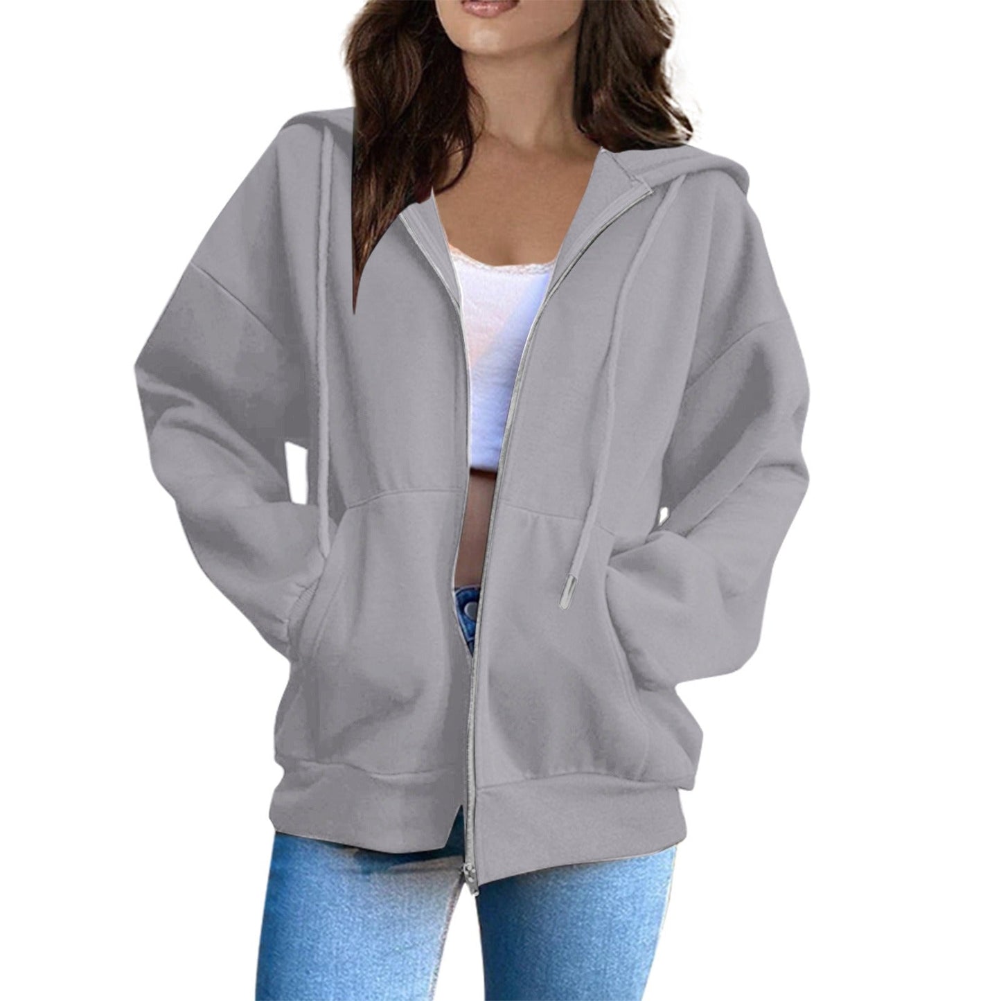 Veste à capuche femme – Coupe oversize – Coton doux – Manches longues – Zip frontal