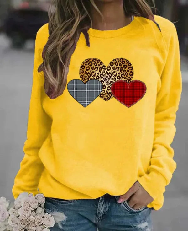 Sweatshirt femme – Coupe ample – Coton doux – Manches longues – Motifs cœurs graphiques