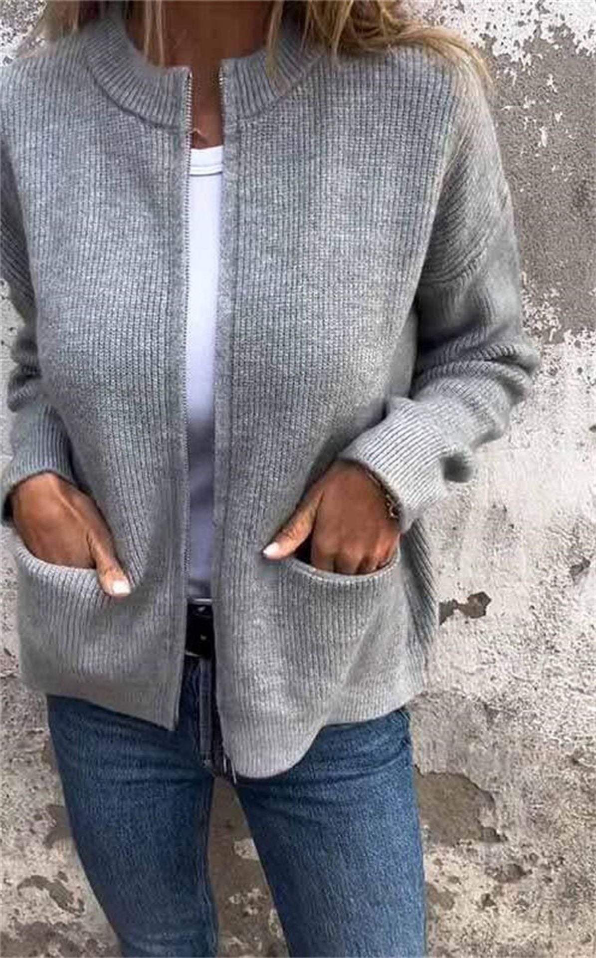 Veste zippée femme – Maille laine – Coupe décontractée – Col montant – Poches avant
