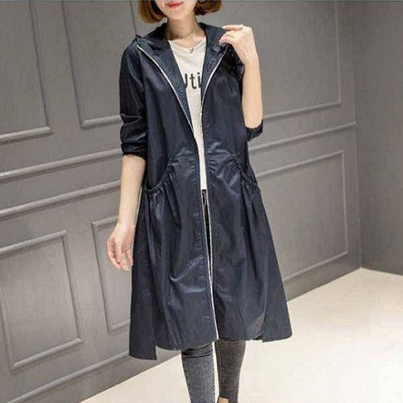 Veste imperméable femme – Coupe décontractée – Longueur genou – Capuche – Zip complet