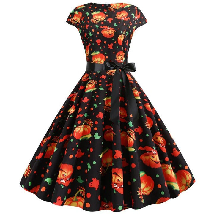 Robe midi femme – Coupe évasée – Manches courtes – Taille ceinturée – Imprimé festif