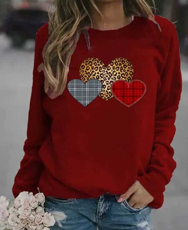 Sweatshirt femme – Coupe ample – Coton doux – Manches longues – Motifs cœurs graphiques