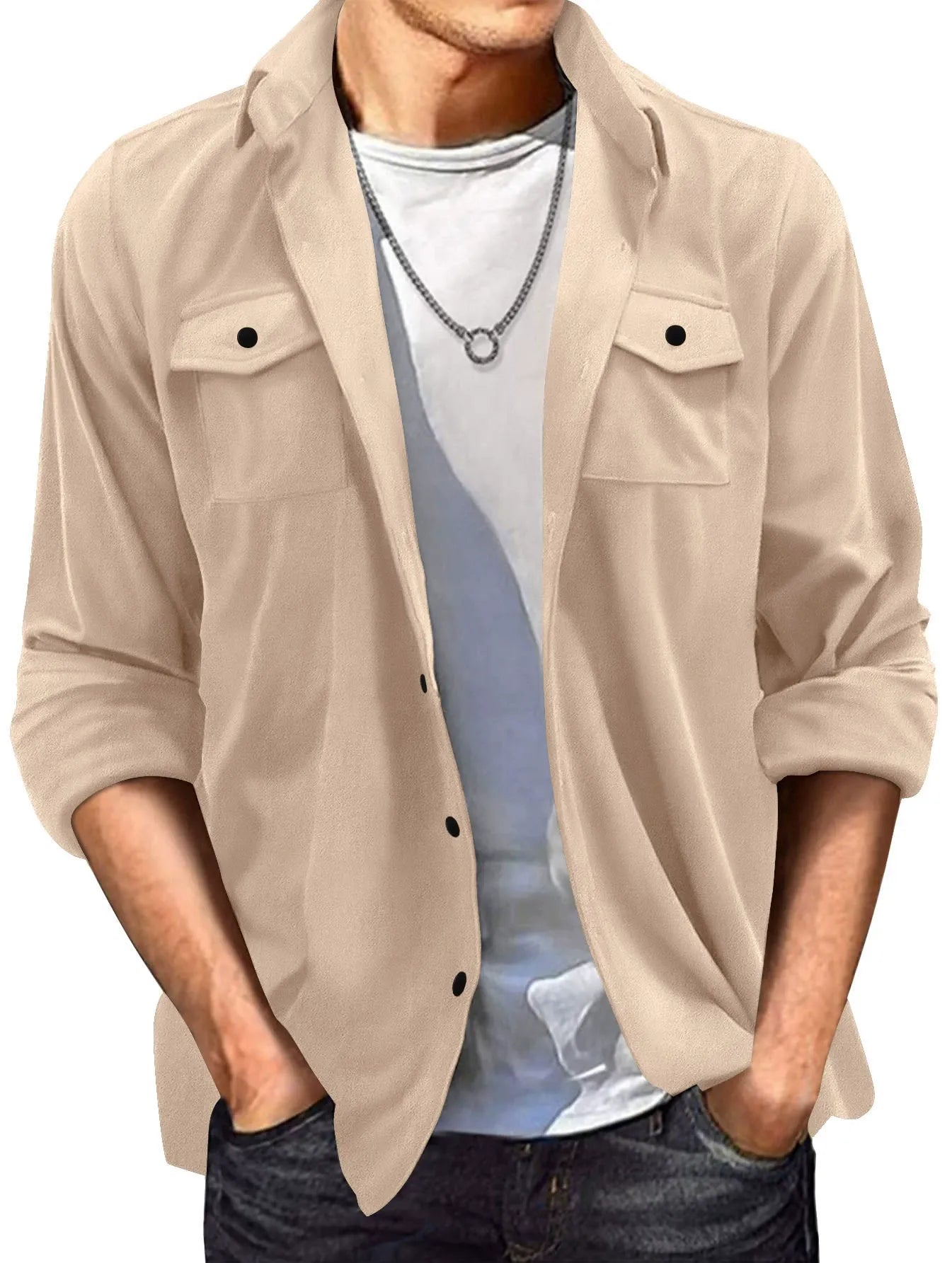 Veste homme casual – Coupe régulière – Effet suédé – Col chemise – Boutonnage frontal