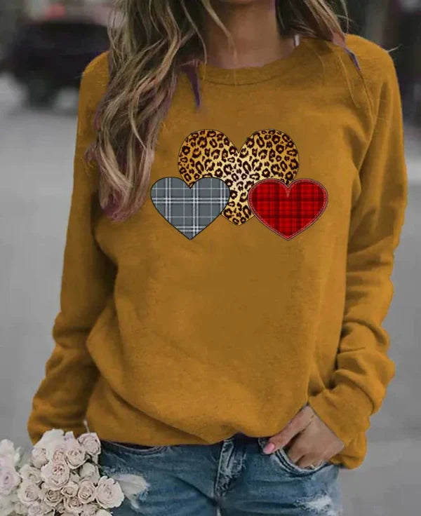 Sweatshirt femme – Coupe ample – Coton doux – Manches longues – Motifs cœurs graphiques