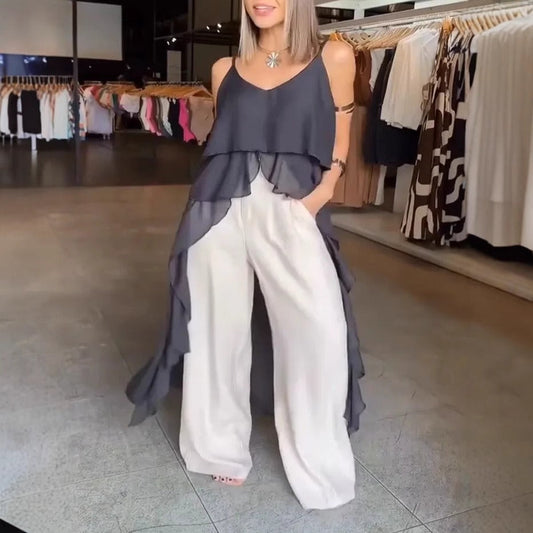 Robe femme – Encolure en V – Bretelles fines – Volants – Coupe fluide asymétrique