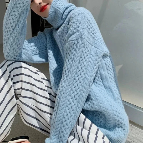 Pull femme – Col roulé – Maille torsadée – Coupe décontractée – Texture douce chaude
