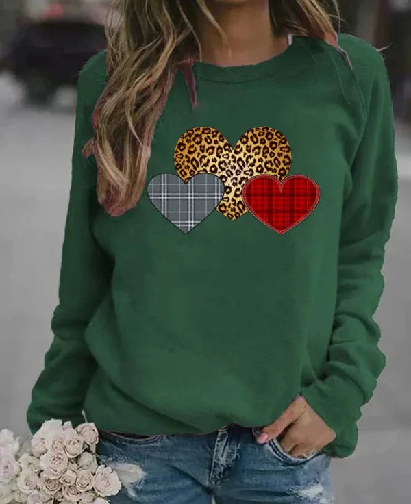 Sweatshirt femme – Coupe ample – Coton doux – Manches longues – Motifs cœurs graphiques
