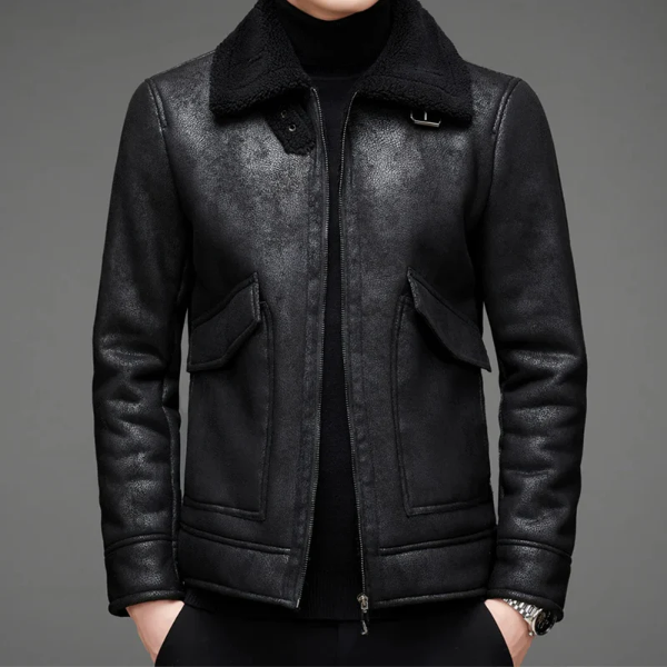 Blouson en cuir homme – Coupe régulière – Col sherpa – Fermeture zippée – Style vintage