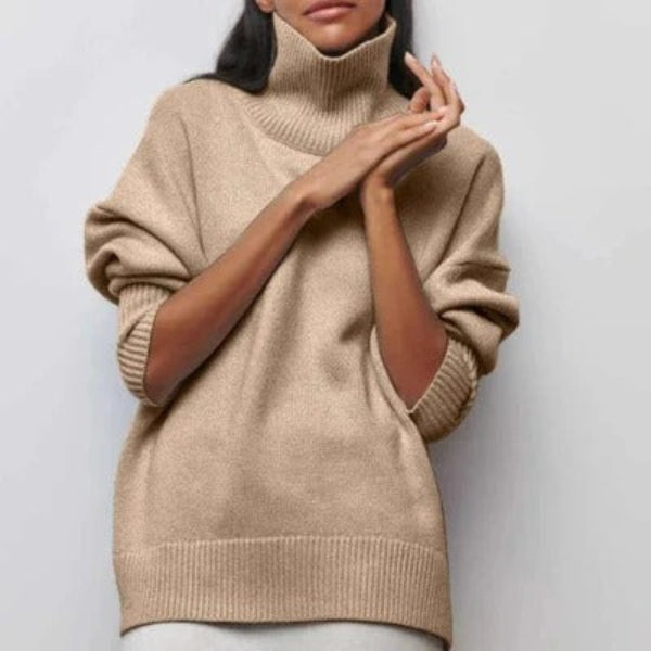 Pull femme col roulé – Laine – Coupe oversize – Poignets et ourlet côtelés