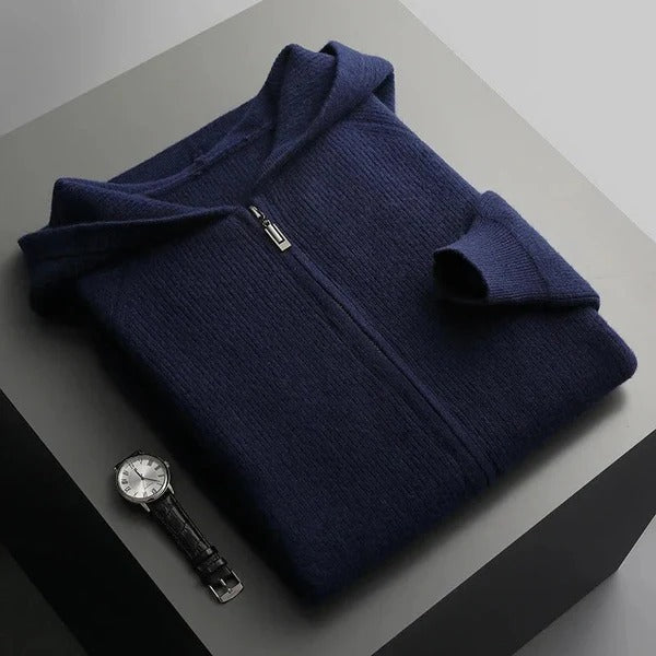 Sweat à capuche zippé homme – Maille laine – Coupe décontractée – Finitions côtelées
