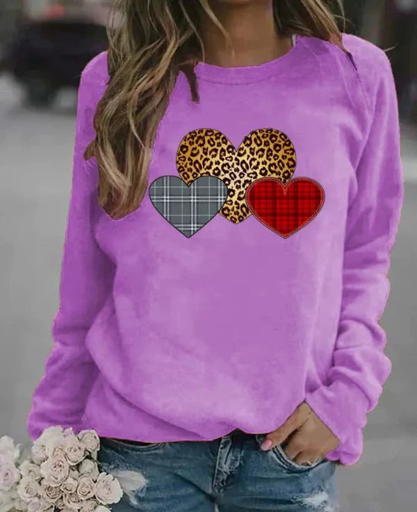 Sweatshirt femme – Coupe ample – Coton doux – Manches longues – Motifs cœurs graphiques