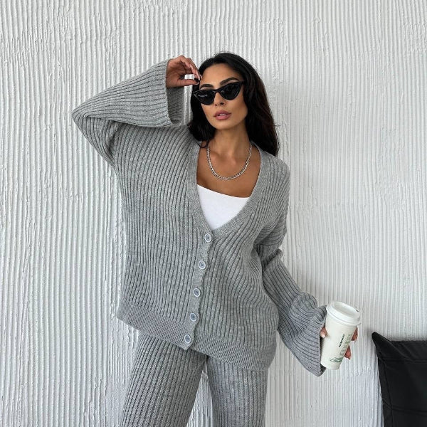 Ensemble loungewear femme – Tricot côtelé – Coupe oversize – Haut boutonné manches larges