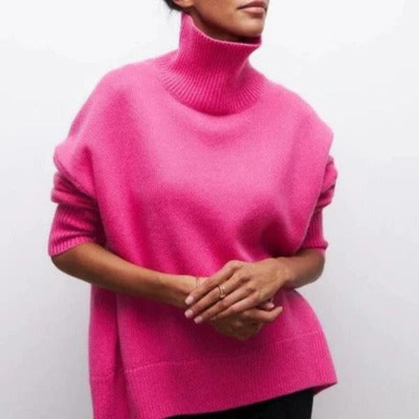 Pull femme col roulé – Laine – Coupe oversize – Poignets et ourlet côtelés