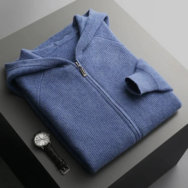 Sweat à capuche zippé homme – Maille laine – Coupe décontractée – Finitions côtelées