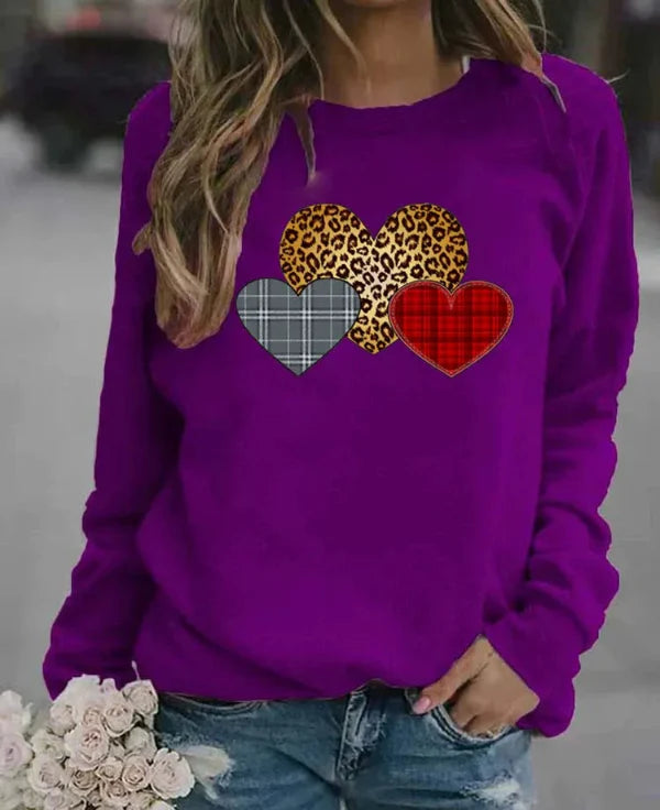 Sweatshirt femme – Coupe ample – Coton doux – Manches longues – Motifs cœurs graphiques