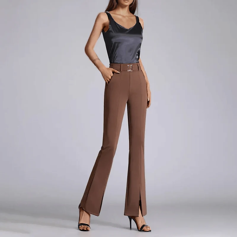 Femme Pantalon - Tissu Tissé Extensible - Taille Haute - Coupe Slim Évasée