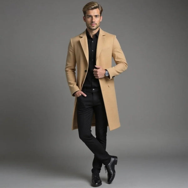 Manteau long homme – Coupe ajustée – Laine mélangée – Boutonnage simple élégant