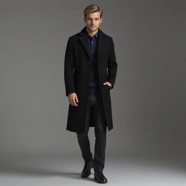 Manteau long homme – Coupe ajustée – Laine mélangée – Boutonnage simple élégant