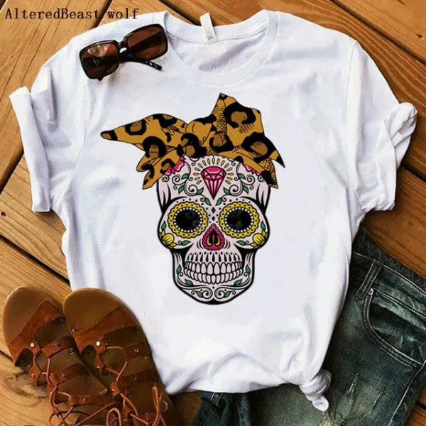 T-shirt femme – Coupe décontractée – Coton doux – Manches courtes – Imprimé tête de mort