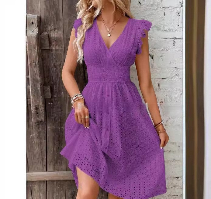 Robe portefeuille femme – Coupe évasée – Broderie anglaise – Manches volantées – Tissu léger