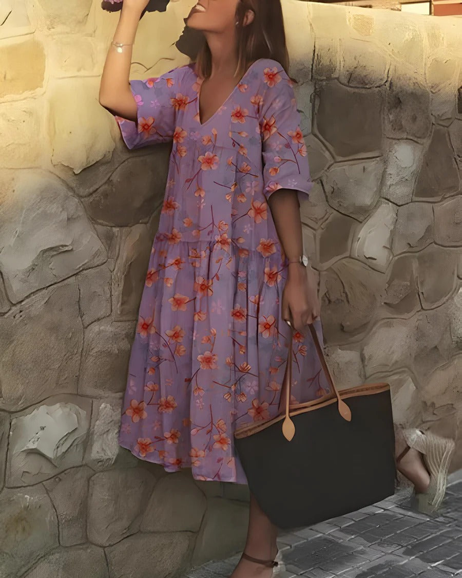 Robe Midi Femme – Coupe Évasée – Décolleté en V – Manches Coudes – Tissu Respirant – Imprimé Fleuri