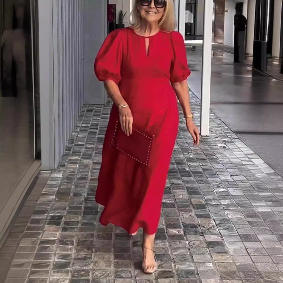 Robe midi femme – Coton doux – Coupe ample – Manches bouffantes – Col rond fendu
