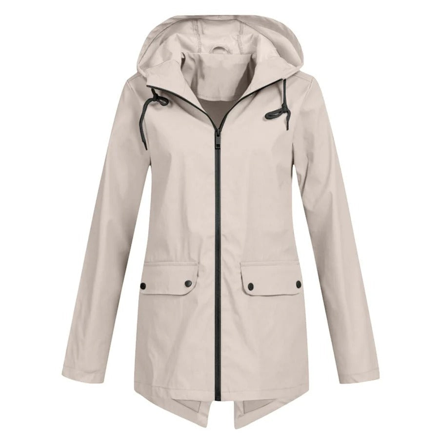 Veste imperméable femme – Coupe décontractée – Capuche ajustable – Zip frontal – Longueur mi-cuisse – Poches à rabat