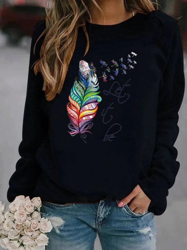 Pull femme – Coupe ample – Coton doux – Motif plume – Manches longues