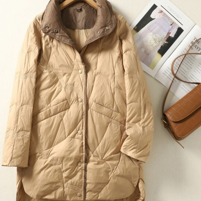 Veste longue femme – Duvet léger – Coupe ample – Col montant – Matelassage chaud